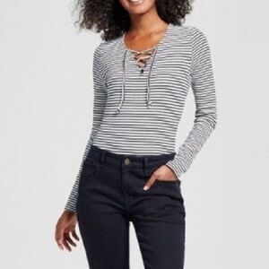 Who What Wear Black and White Striped Long Sleeve Lace Up Front Body Suit Size L